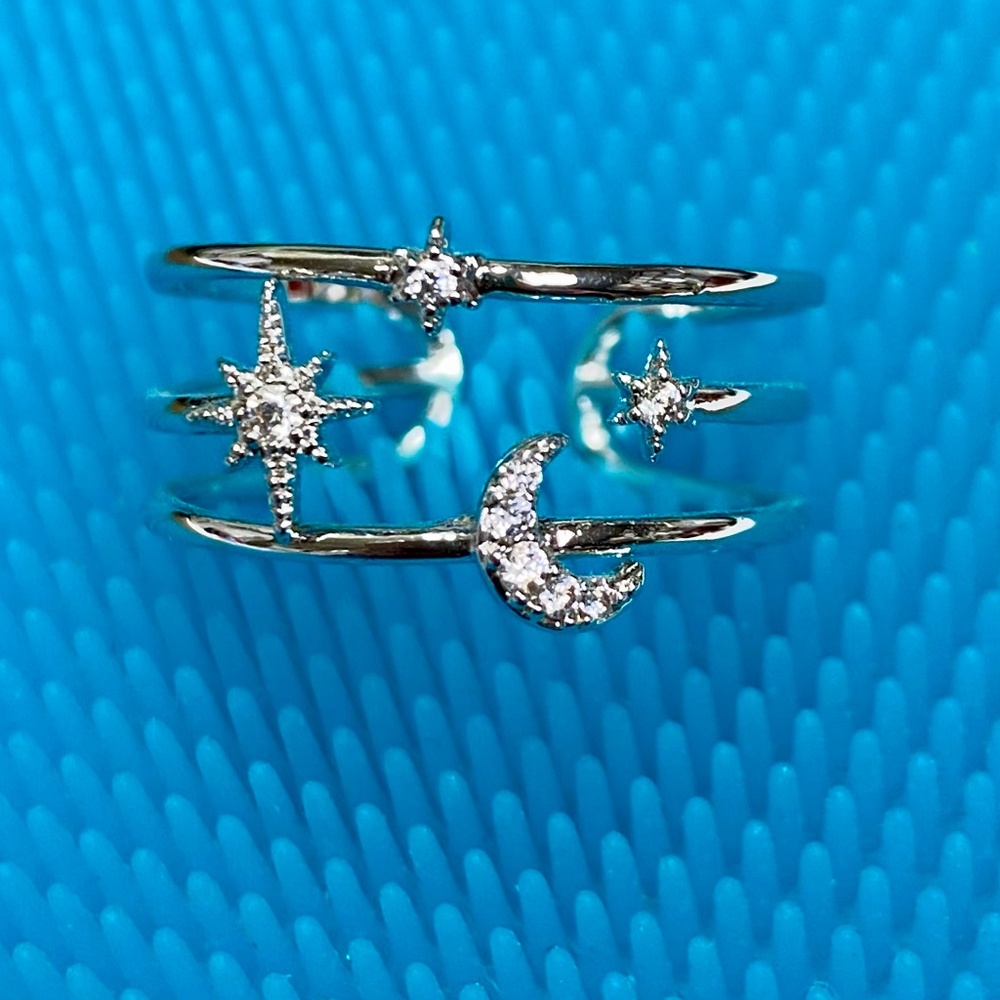 Adjustable ring -silver tone with stars & moon crystal design
